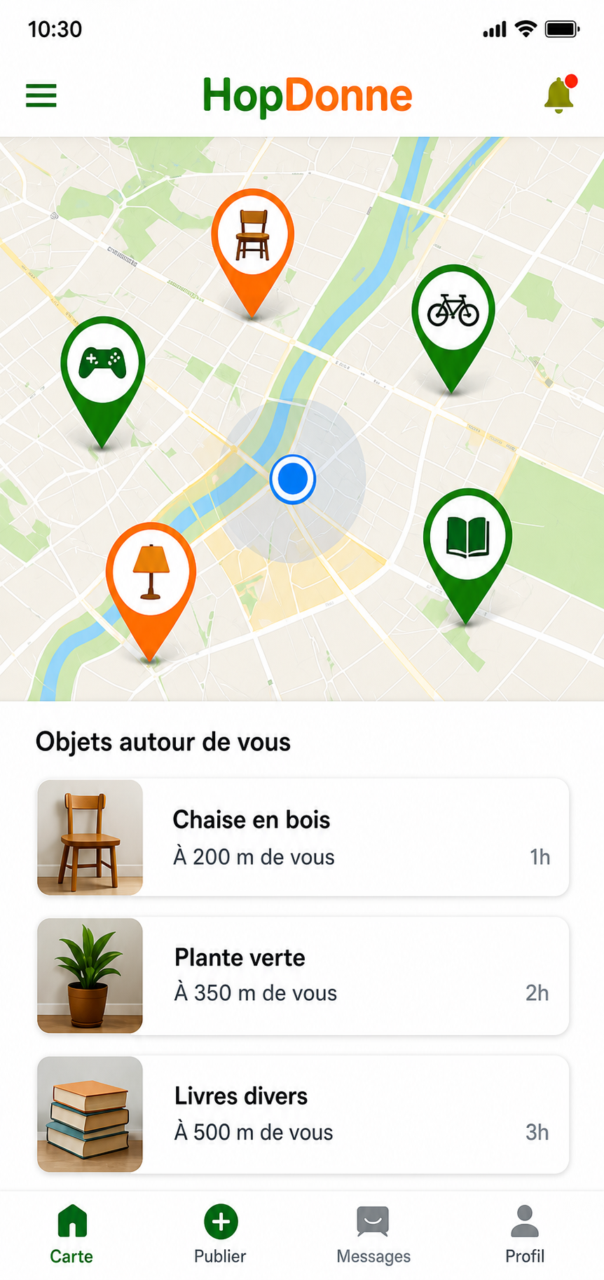 Carte et dons disponibles dans l’application HopDonne